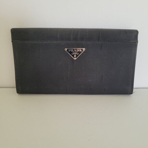 PRADA Vintage Tessuto Nero Black Nylon Leather Logo Plate Wallet Large Envelope - Picture 1 of 9
